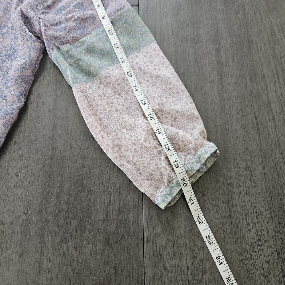 GYPSY Sz L Mauve Pink Green Floral Patchwork SILK SHEER PEASANT BLOUSE Tassels - Picture 6 of 8